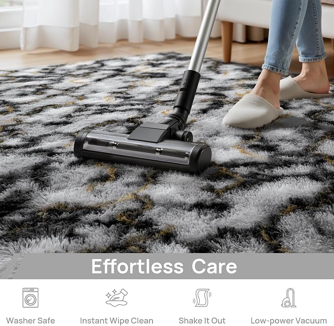 Deerhoo Large Shag Area Rugs 5 x 8, Tie-Dyed Plush Fuzzy Rugs for Living Room, Ultra Soft Fluffy Furry Rugs for Bedroom, Anti-Skid Indoor Carpet Nursery Rugs for Kids Room Home Decor, Black white gold