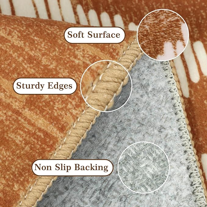 Boho Washable Area Rugs 9x12ft for Living Room, Large Soft Bedroom Rug Non Slip, Low Pile Brown Moroccan Floor Carpets for Dining Room Nursery Playroom Home Office