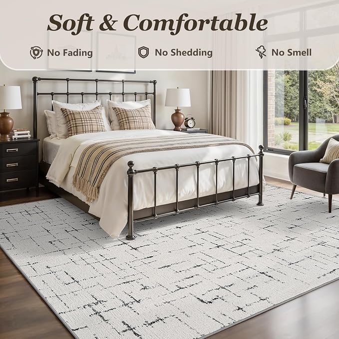 Engiw-Neutral 6x9 Area Rug for Living Room Rug-Carpet Bedroom Rugs Textured Tufted Jacquard Modern Washable Rug for Dining Room Nursery Non Slip-Black and White
