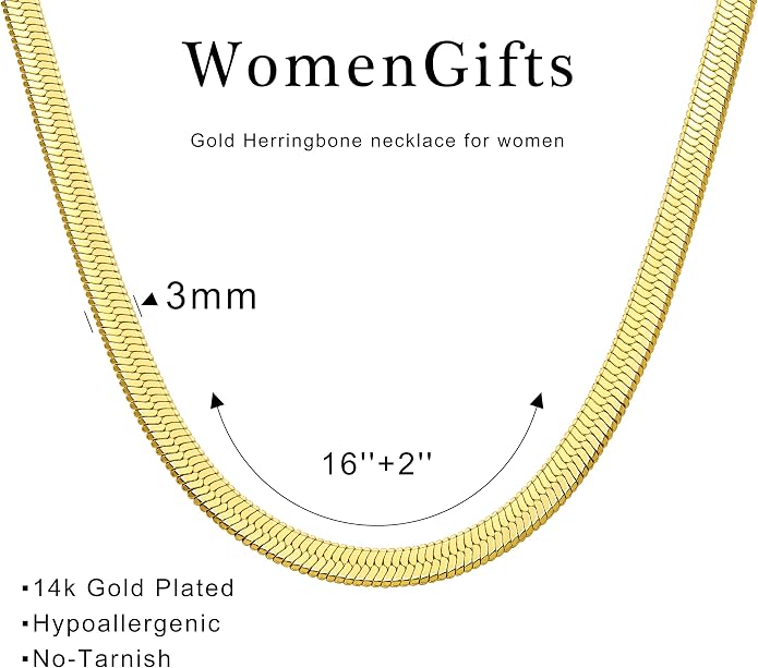 WomenGifts 14K Gold Silver Plated Herringbone Necklace for Women, Dainty Snake Chain Choker, Trendy Simple Long Layered Jewelry Non Tarnish, 3/4/5/8mm,14,16,18,20,22,24,26 Inch Thin & Chunky Options