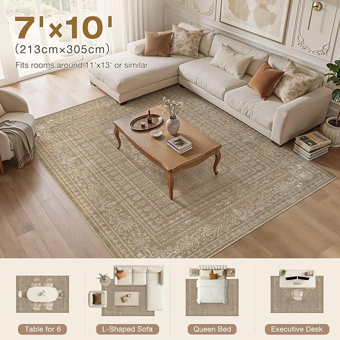 Nakagishi 7x10 Area Rugs Living Room: Washable Large Vintage Rug Neutral Non-Slip Soft Stain Resistant Indoor Carpet for Bedroom Nursery Dining Room Office Playroom - Dark Brown