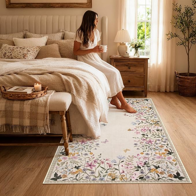 Wonnitar 4x6 Washable Area Rug, Boho Floral Bedroom Rug, Botanical Carpet for Nursery, Beige Non Slip Office Rug, Farmhouse Kitchen Kids Playroom Decor (4x6 Beige)