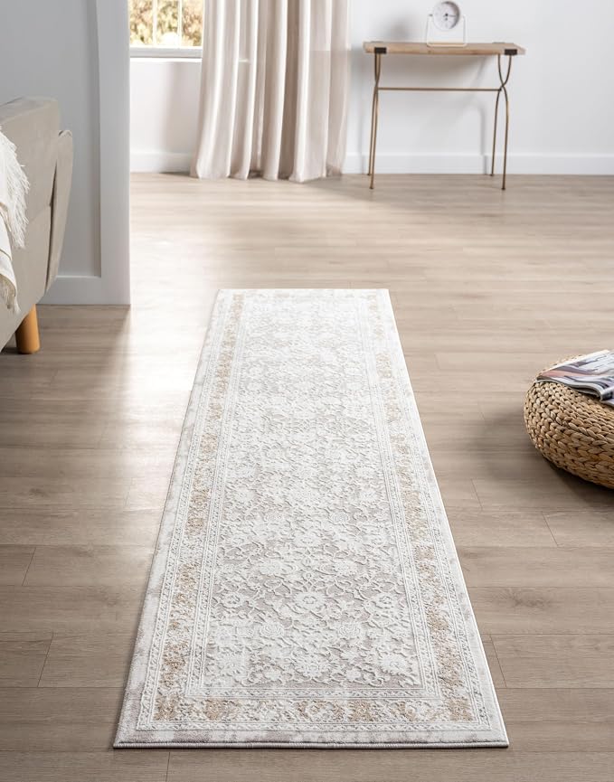 Amber Traditional Floral Runner Rug for Kitchen, 2x7 Vintage Persian-Inspired Cream Neutral Runner, Medium Pile Stain Resistant Carpet for Bedroom, Hallway or Entryway (2' x 7', Cream)