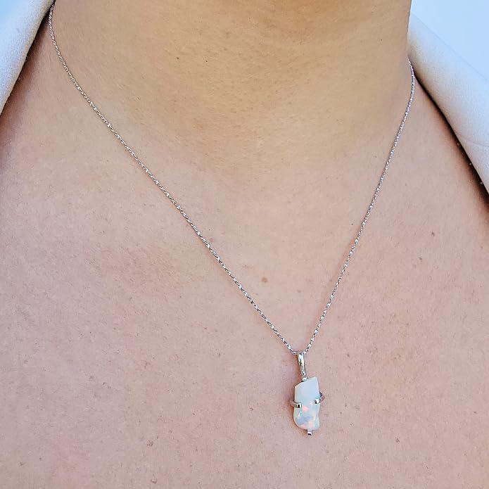 Natural raw gemstone pendant chain necklace with white gold over 925 solid sterling silver, birthstone dainty solitaire gift for her, uniquelan jewelry