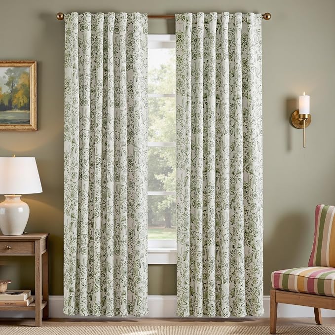 jinchan Green Floral Blackout Curtains 84 Inch Farmhouse Back Tab 2 Panels | Green on beige, room darkening, traditional vintage drapes, bedroom, living room, botanical, flower print, window treatment