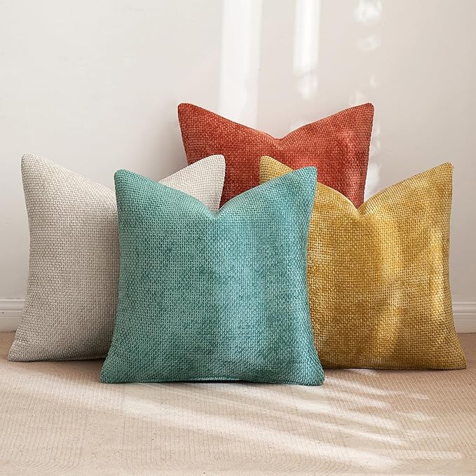 MIULEE Pack of 4 Couch Throw Pillow Covers 18x18 Inch Neutral Orange/Teal Soft Decorative Chenille Pillow Covers Farmhouse Accent Cushion Covers for Boho Fall Home Decor Sofa Bedroom Living Room