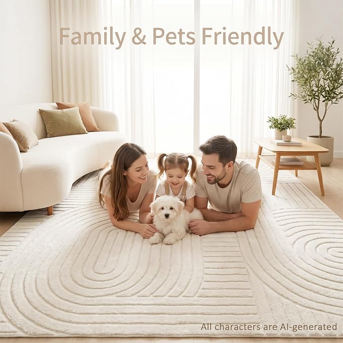 Washable Beige 9x12 Modern Geometric Area Rugs Living Room Bedroom | Soft Plush Boho Solid Color Carpet, High-Low Pile 3D textured Durable Non-Slip 9'x12' Rugs for Kids Room, Nursery, Apartment
