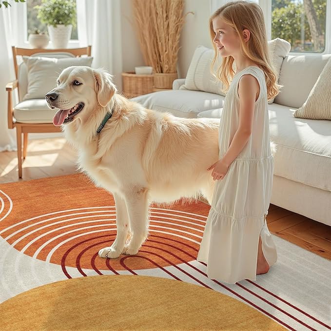 DCX Abstract Machine Washable 4x6 Rug, Mid Century Modern Rug for Living Room, Soft Low Pile Non Slip Carpet, Kid & Pet Friendly Stain Resistant Rug for Bedroom Dining Room Office, Orange & Yellow