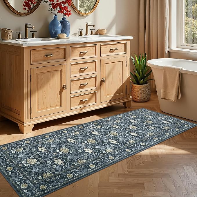 GarveeHome Washable Runner Rug 2x6, Non Slip Floral Kitchen Runner for Hallway Entryway Laundry Bathroom Mat Farmhouse Thin Stain Resistant Carpet for Bedroom Beside Rug