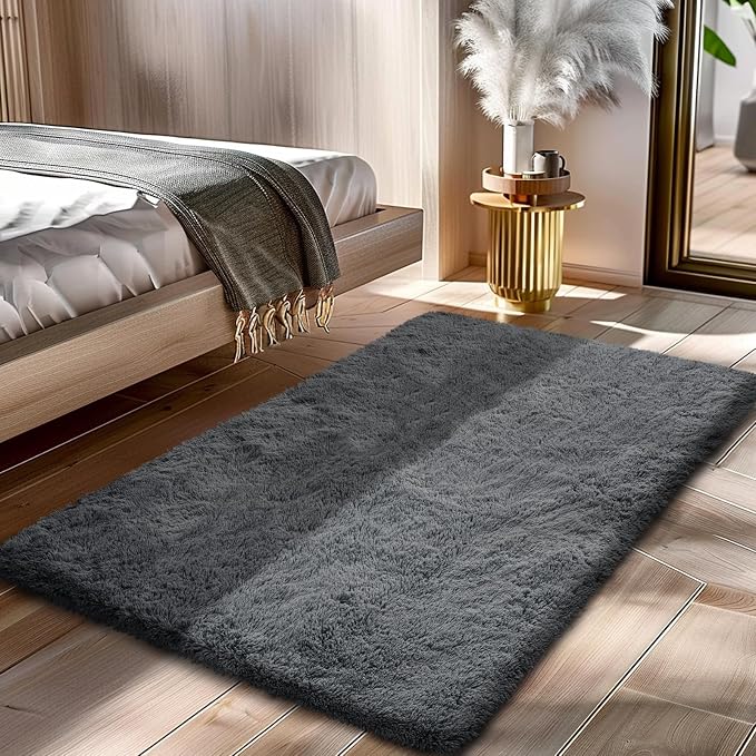Fluffy Rug Shag Area Rug, Grey 2x4 Area Rugs for Bedroom, Small Bedside Rug, Soft Fluffy Shag Entryway Throw Rugs for Living Room Bedroom Room Home Decor