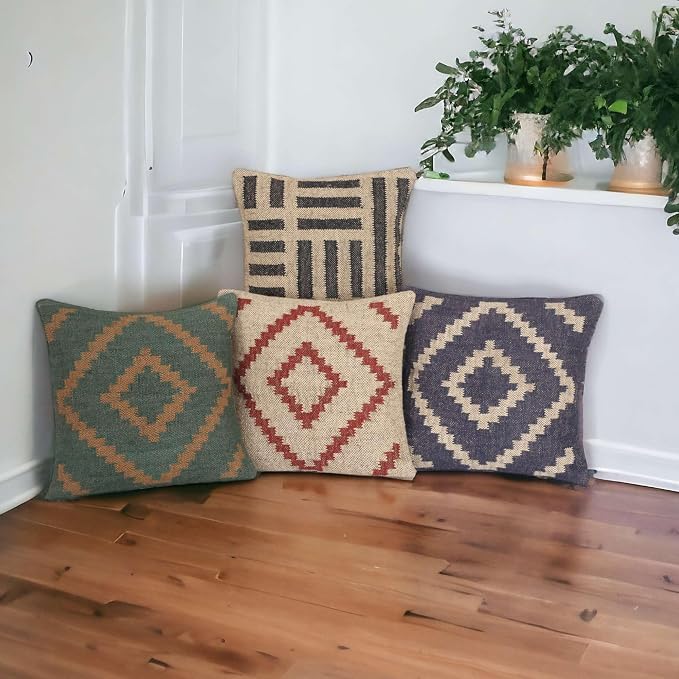 Set of 4 Geometric Wool Jute Square Throw Pillow Covers -Decorative 18 x 18 Inches Multicolour Cushion Covers Perfect for Sofa/Couch/Bed/Home/Outdoor/Car (Multicolour - 02)