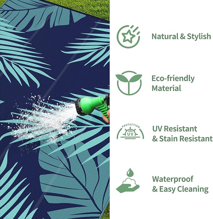 GENIMO Outdoor Rug, Waterproof Plastic Rugs 10'x14' for Camping Blue Green | Outside Larger Leaf Carpet Mat for Porch Decor, Deck, Camping, RV, Backyard, Balcony, Picnic, Beach, Reversible, Foldable