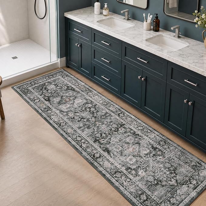 AMOAMI-2X10 Runner Rug-Washable Runners for Hallways-Soft Non Slip Bedside Rugs for Bedroom-Vintage Long Rug for Hallways Entryway Laundry Room Stair Kitchen Bathroom Dark Grey & Black