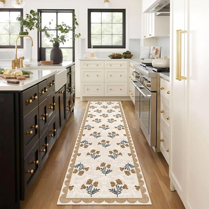 Non Slip Washable Hallway Runner Rug - 2.5x12 Extra Long Beige Kitchen Runner Rug Soft Boho Runners for Hallways Vintage Floral Scalloped Area Rug for Bedroom Entryway Foyer Stair Runner Decor
