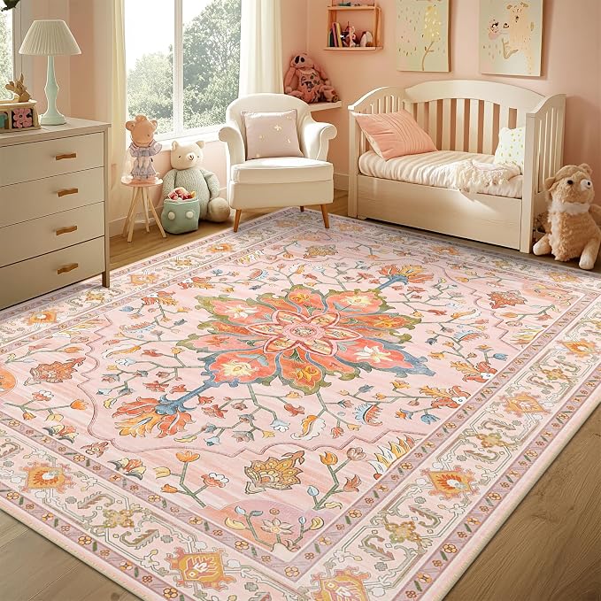 RELEANY Area Rugs 6'x9' Washable Non-Slip, Floral Vintage Distress Medallion Carpet for Living Room Bedroom Dining Room, Light Pink Colorful