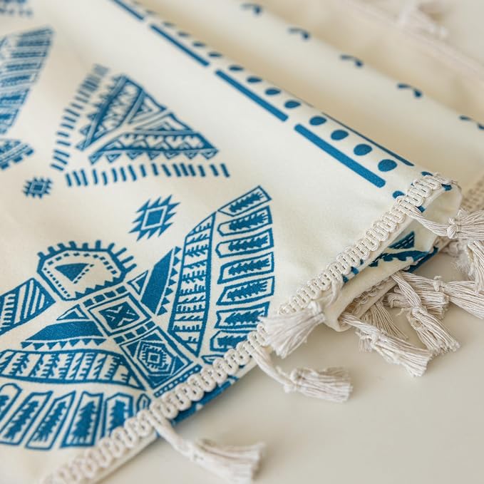Blue Geometric Curtains 72 Inches Long, Boho Farmhouse Light Filtering Rod Pocket Drapes with Tassel Trim for Bedroom Living Room, 2 Panels