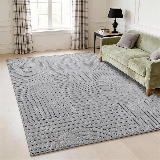 5x7 Solid Color Area Rugs – Washable Living Room Rug, Durable Non-Slip Indoor Carpet with Soft High-Low Pile, Fluffy Floor Rugs for Bedroom, Kids Room, House Apartment, Home Office Decor, Grey