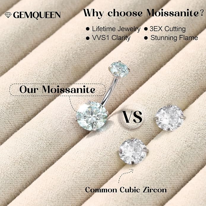 GEMQUEEN Moissanite ＆ G23 TItanium Belly Button Ring 18K Gold Plated Hypoallergenic Internally Threaded Belly Rings 14G Navel Piercing Jewelry For Women Men D Color VVS1 Clarity Brilliant Cut