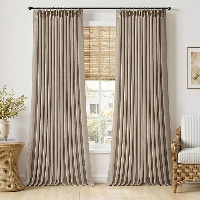 MIULEE Pinch Pleated Thick Linen Curtains 102 Inches Long 2 Panels for Living Room Bedroom, Linen Textured Drapes Pleat Back Tab Memory Trained Light Filtering Boho Grey Beige Window Curtains