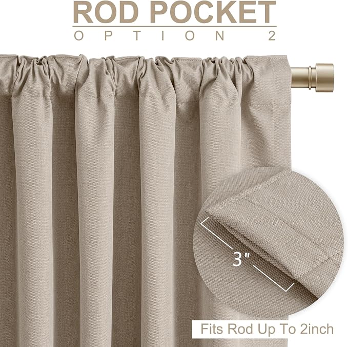 100% Blackout Shield Linen Blackout Curtains for Bedroom 90 Inches Long, Back Tab/Rod Pocket Living Room Drapes, Thermal Insulated Blackout Curtains 2 Panels Set, 50" W x 90" L,Burlywood Birch