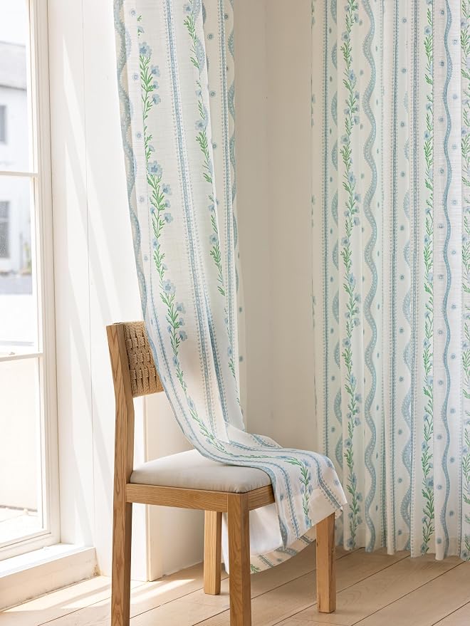 DrapePalette - Linen Blend Pinch Pleated Curtains 96 Inches Long for Living Room, Bedroom, Dining Room, Light Filtering Curtains 2 Panels Set, Modern Floral Printed Design, Blue Trellis, 30" W x 96" L