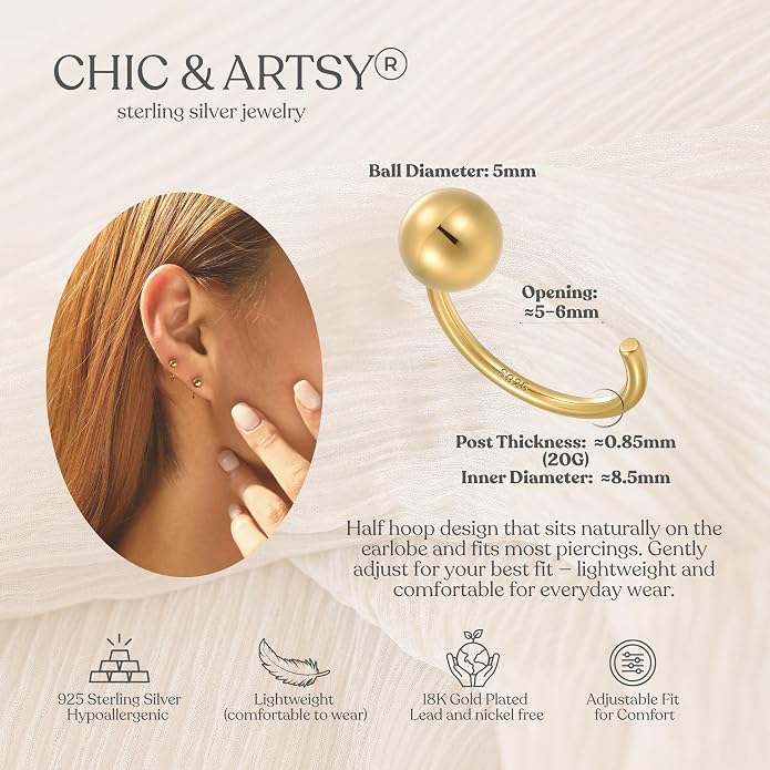 CHIC & ARTSY 925 Sterling Silver Half Hoop Earrings for Women, Small Huggie Hoops Set with Ball Bar Star Moon Cross & Pearl, Lightweight Comfort Fit Everyday & Sleep Earrings