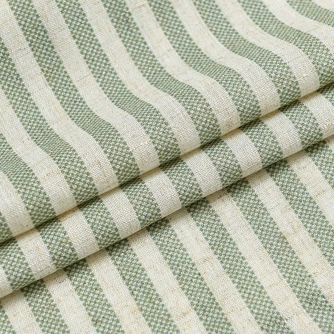 Vangao Green Stripe Linen Tiers Curtains 36 Inch Farmhouse 2 Panels | Light Filtering, Semi Sheer, for Kitchen, Living room, Tickingstripe Drapes, Pinstripe, Window Treatments