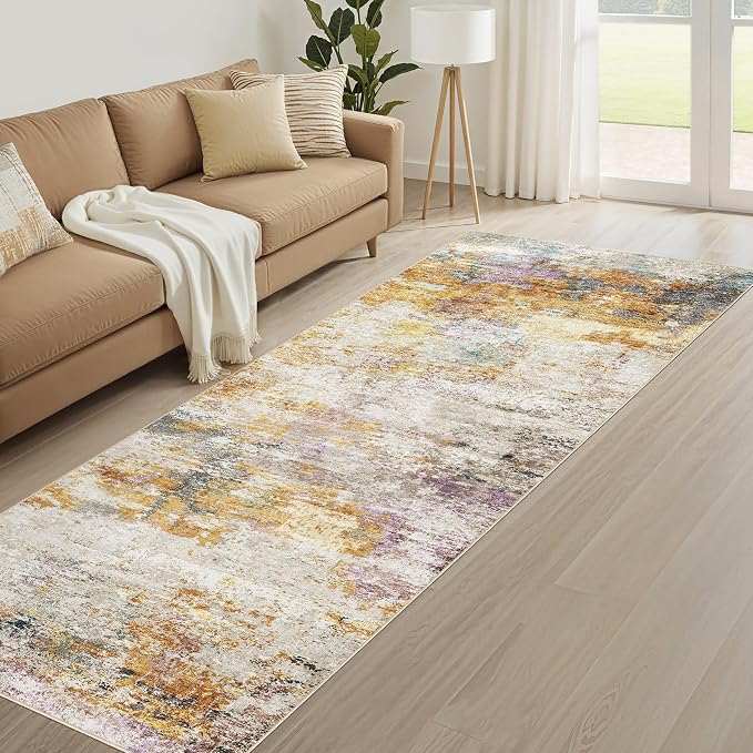 Runner Rug Kitchen Washable Rugs: 2x6 Non-Slip Abstract Soft Modern Stain Resistant Indoor Floor Neutral Accent Throw Carpet for Hallway Bathroom Laundry Room Entryway Bedroom- Gold Colorful