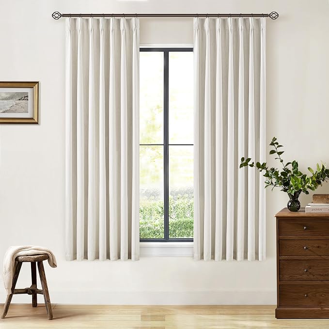 Natural 100% Blackout Pinch Pleated Linen Curtains 63 Inch Long with Liner | Memory Trained, Thermal Insulated, Heat Blocking, Black Out Cream Ivory Curtains for Small Window Bedroom 2 Panels W40xL63