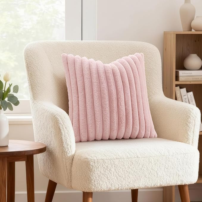 decorUhome Fall Faux Fur Throw Pillow Covers 18x18 Set of 2 Pink | Decorative Soft Cozy Striped Plush Modern Farmhouse Boho Couch Pillow Cases Velvet Back for Sofa Bed Living Room Home Decor