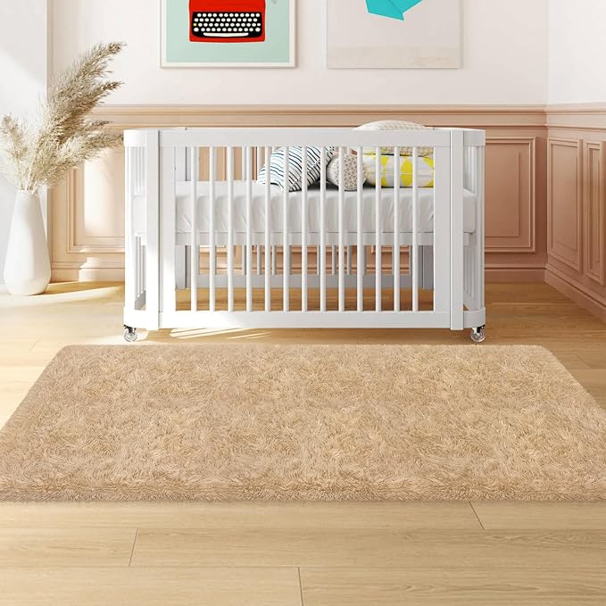 2x6 ft Beige Runner Rugs for Bedroom Living Room, Soft Plush Fluffy Throw Rug Shag Runner Carpet for Hallways Non Slip, Washable Light Beige Rug Carpet for Nursery Kids Girls Room Home Decor