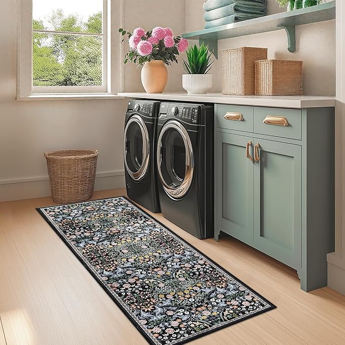 Runner Rug for Entryway: 2x5 Kitchen Rugs Non Slip Washable Ultra-Thin Soft Floral Carpet Indoor Floor Stain Resistant Carpets for Hallway Bedroom Kitchen Laundry Bathroom Dorm Dark Black