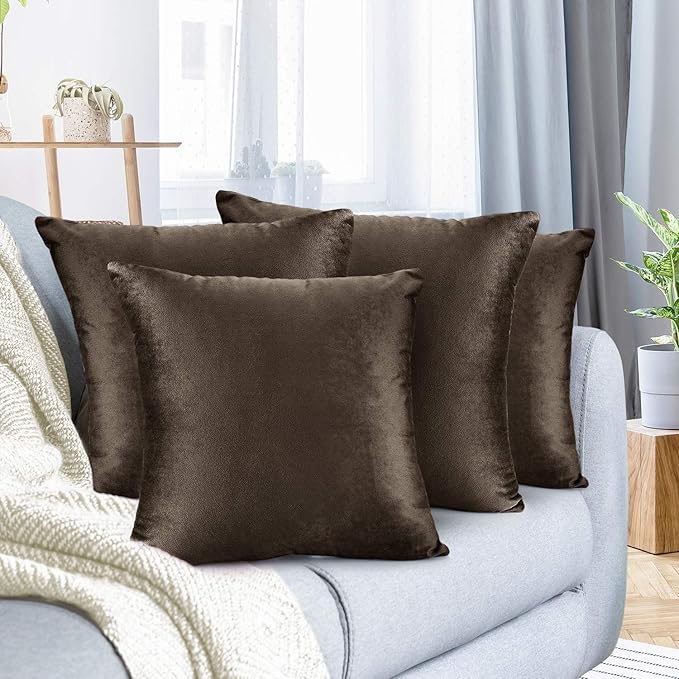 Nestl Throw Pillow Covers, Cozy Velvet Decorative Autumn Pillow Covers 22 x 22 Inches, Soft Solid Couch Pillow Covers for Sofa, Bed and Car, Set of 4 - Chocolate Brown