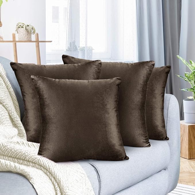 Nestl Throw Pillow Covers, Cozy Velvet Decorative Outdoor Pillow Covers 18X18 Inches, Soft Solid Cushion Covers for Sofa, Bed and Car, Set of 4 - Chocolate Brown