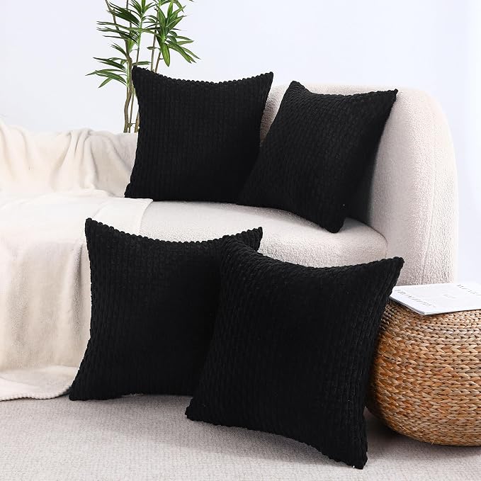 VAKADO Couch Black Decorative Throw Pillow Covers 16x16 Set of 4 Corduroy Neutral Home Living Room Farmhouse Rustic Cushion Case Decor Boho Square for Bed Sofa