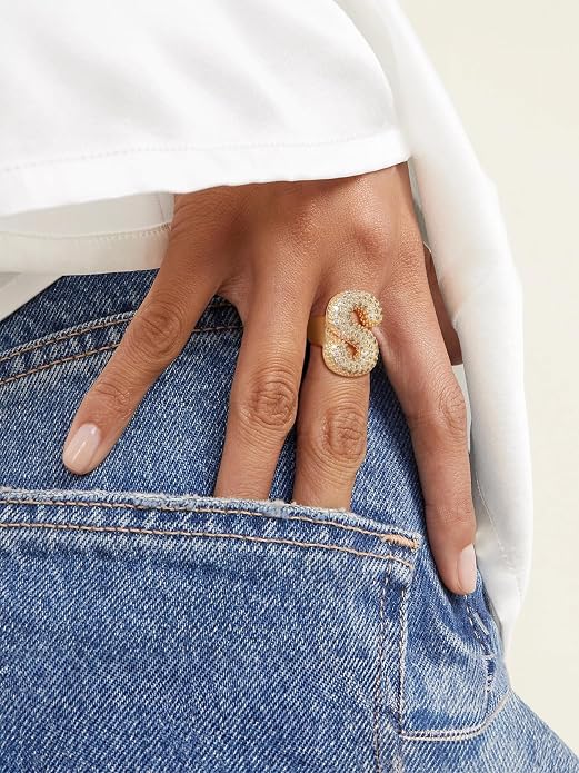 KeyStyle Bold Initial Letter Rings Adjustable, GoldChic Jewelry Women Gold Statement Ring Personalized Engraved Women’s Open Signet Ring for Party (Gold, White Gold, Black)