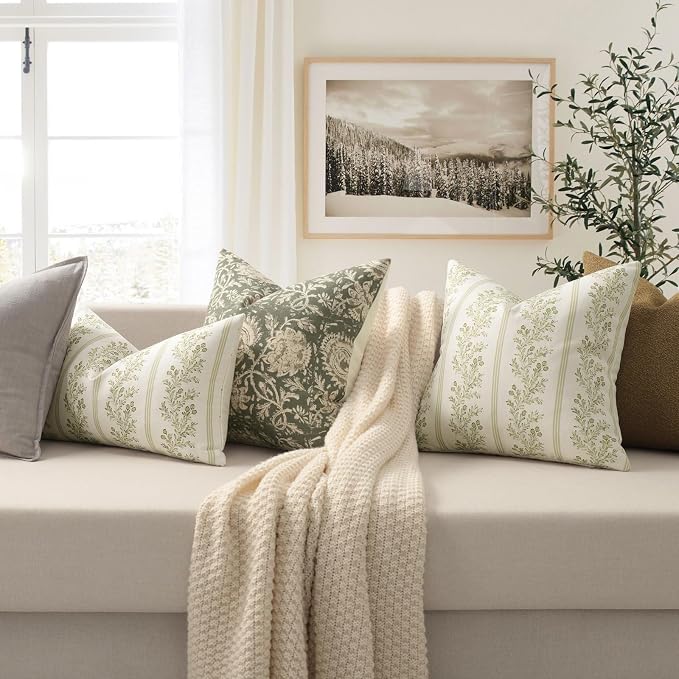 Vintage Throw Pillow Covers 18x18 Set of 2, Striped Floral Pillow Cover Botanical Patterned Decorative Cushion Covers Modern Farmhouse Home Decor for Sofa Couch Bed Living Room, Sage