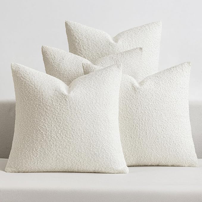 MIULEE Decorative Boucle Throw Pillow Covers 18x18 Inch White Set of 4 | Textured Accent Pillow Cases Soft Couch Cushion Covers for Modern Farmhouse Boho Sofa Bed Livingroom Home Decor
