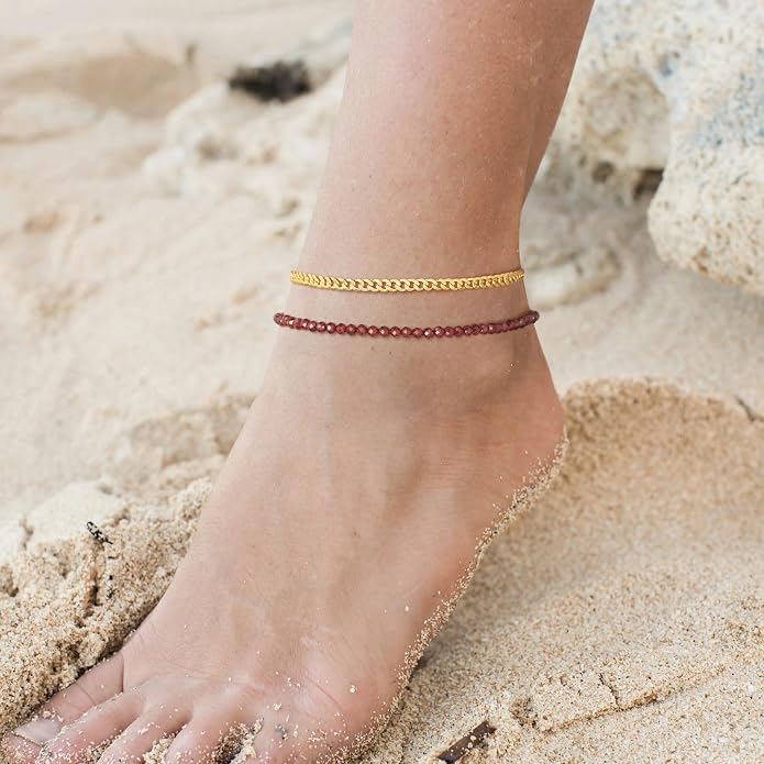 DREMMY STUDIOS Gold Anklet Bracelets for Women 14K Gold Plated Stone Handmade Beaded Link Chain Anklets Jewelry Gift