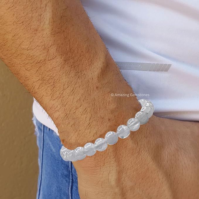 Amazing Gemstone Selenite Bracelet, Gifts for Men & Women - Protection Healing Crystal Bracelet - 8mm Gemstone Beaded Adjustable Bracelet, Pulseras para Hombres Mujer Stocking Stuffers