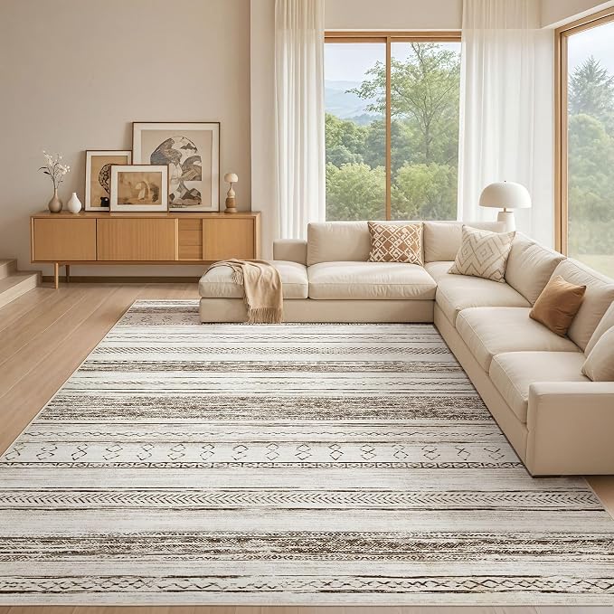 Tortania Area Rug Living Room Rugs - 10x14 Washable Large Soft Neutral Boho Moroccan Bohemian Farmhouse Rug Indoor Floor Carpet for Bedroom Under Dining Table Home Office Decor - Cream Brown