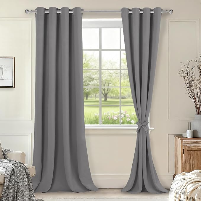 Hiasan Blackout Curtains for Bedroom, 52 x 102 Inches Long - Thermal Insulated & Light Blocking Window Curtains for Living Room, 2 Drape Panels Sewn with Tiebacks, Light Grey