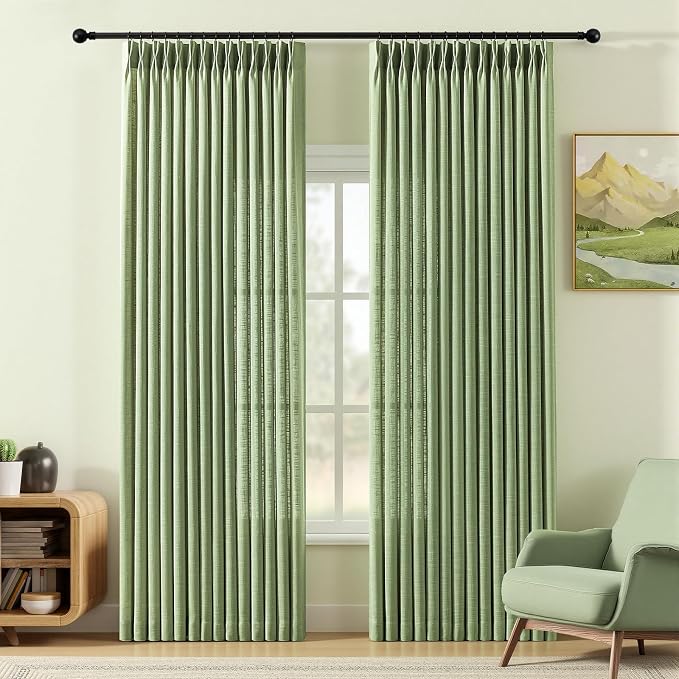 Sage Green Pinch Pleated Curtains 96 Inches Long for Living Room, Semi Sheer Privacy Linen Curtain Memory Trained Modern Back Tab Drapes with Rings for Farmhouse Dining Room, 2 Panels, W40xL96