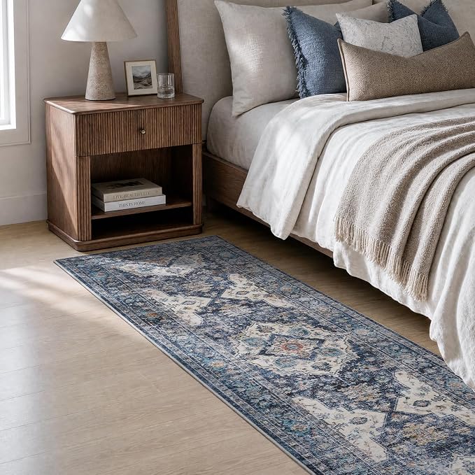 AMOAMI-2X6 Runner Rug-Washable Runners for Hallways-Soft Non Slip Bedside Rugs for Bedroom-Vintage Long Rug for Hallways Entryway Laundry Room Stair Kitchen Bathroom Blue