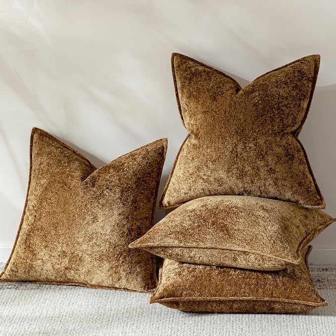 a moment Throw Pillow Covers 26X26 Inch 4 Packs,Soft Velvet Decorative Pillow Cases with 3D Ice Flower,Texture Modern Accent Cushion Covers for Sofa Couch Home Decor Golden Brown