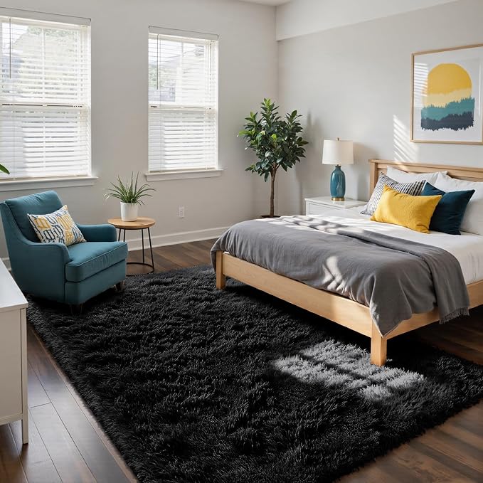 yongyangjuxin Fluffy Rug Shag Area Rug, Black 9x12 Area Rugs for Living Room, Large Shag Area Rugs for Bedroom Room Home Decor, Upgrade Anti-Skid Rectangular Fuzzy Rugs