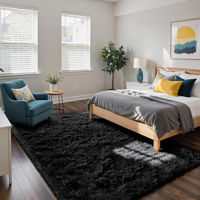 yongyangjuxin Fluffy Rug Shag Area Rug, Black 8x10 Area Rugs for Living Room, Large Shag Area Rugs for Bedroom Room Home Decor, Upgrade Anti-Skid Rectangular Fuzzy Rugs