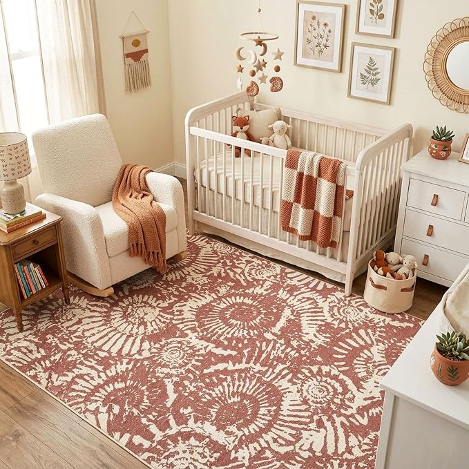 BLISSA Terracotta Modern 5x7 Area Rug - Ultra-Thin Washable Living Room Rug, Soft Non-Slip Geometric Neutral Abstract Rugs for Bedroom Kid Room Nursery Playroom Foyer Dining Room Rugs for Under Table