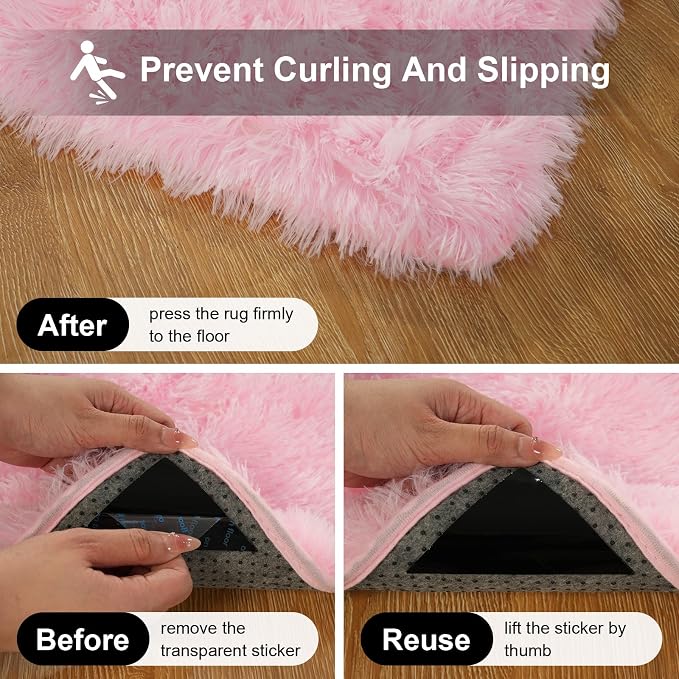 Pink Rug for Bedroom, 2x3 Fluffy Area Rugs for Living Room, Small Fuzzy Shag Soft Carpet with 4 Non-Slip Adhesive Strips for Kids Boys and Girls Nursery Dorm Room Home Decor (2ft X 3ft)
