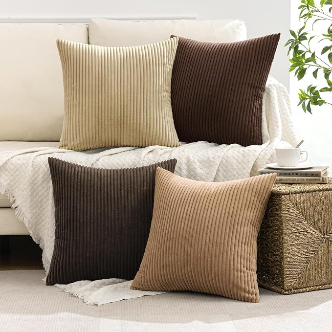 MIULEE Boho Farmhouse Throw Pillow Covers 20x20 Inch Set of 4 Rustic Mordern Neutral Cushion Covers Soft Corduroy Nordic Fall Home Decor for Couch Bed Sofa Living Room Dark Brown
